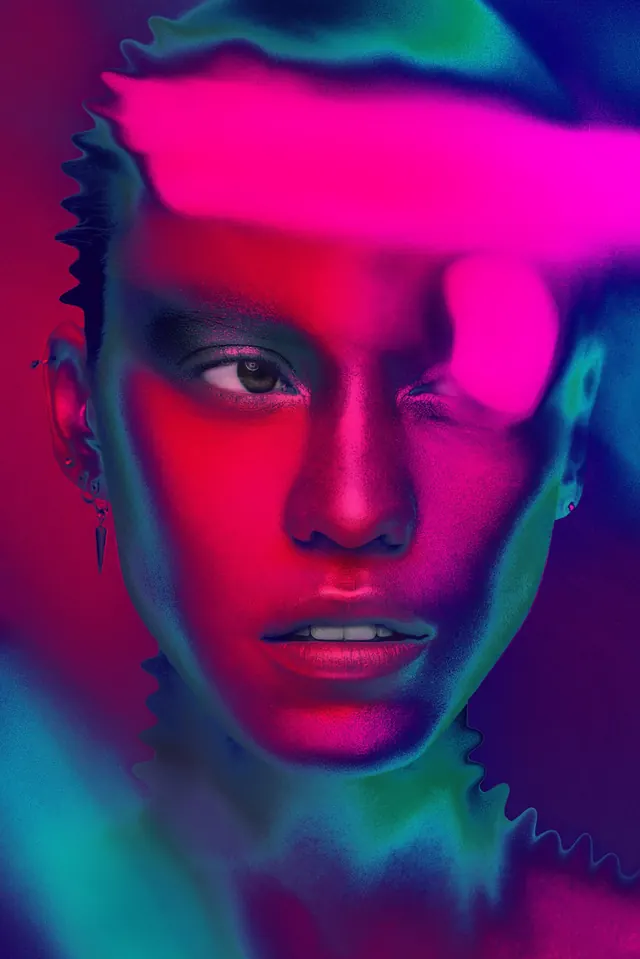 Neon Glitch Portrait, y2k, gradient-heavy, vibrant