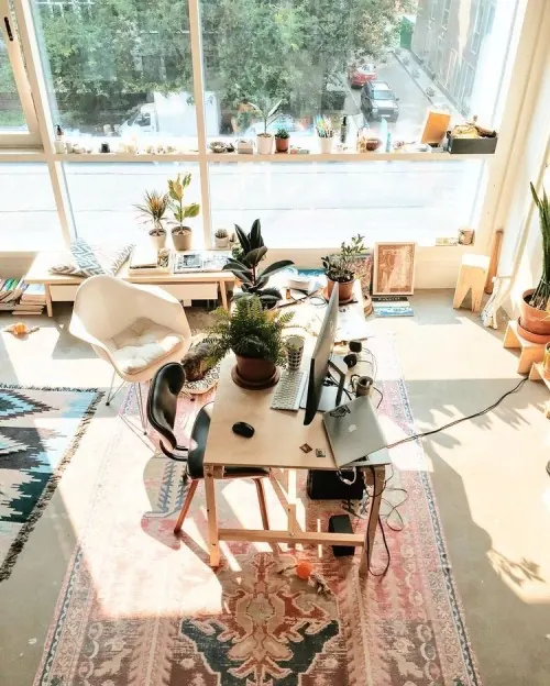 Interior Design Mockup with Plants and Rug, photographic, minimal, light