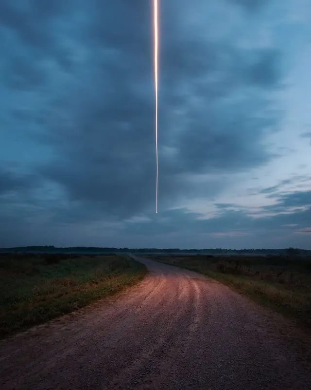 Vertical Light Beam over Rural Road, photographic, minimal, cool