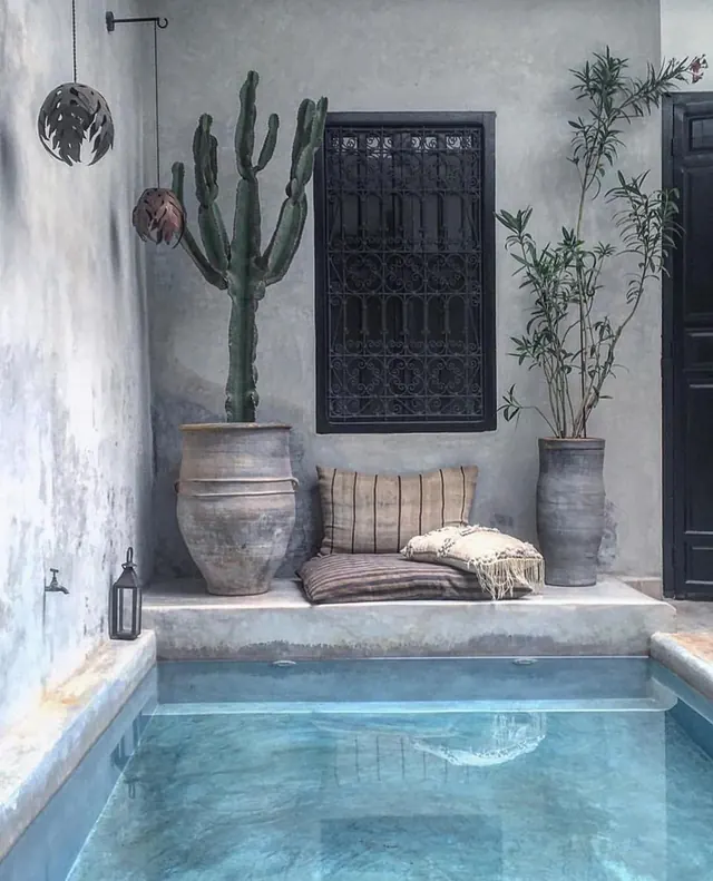 Mediterranean Courtyard Pool, organic, photographic, muted