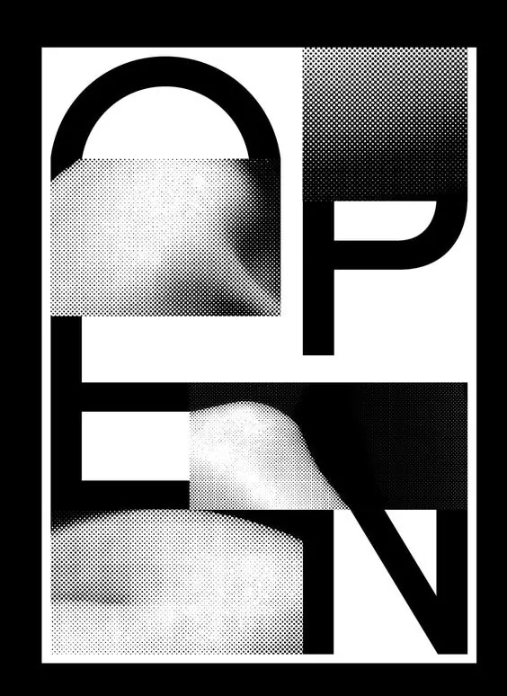 OPEN Wordmark Collage, brutalist, neo-brutalist, monochrome