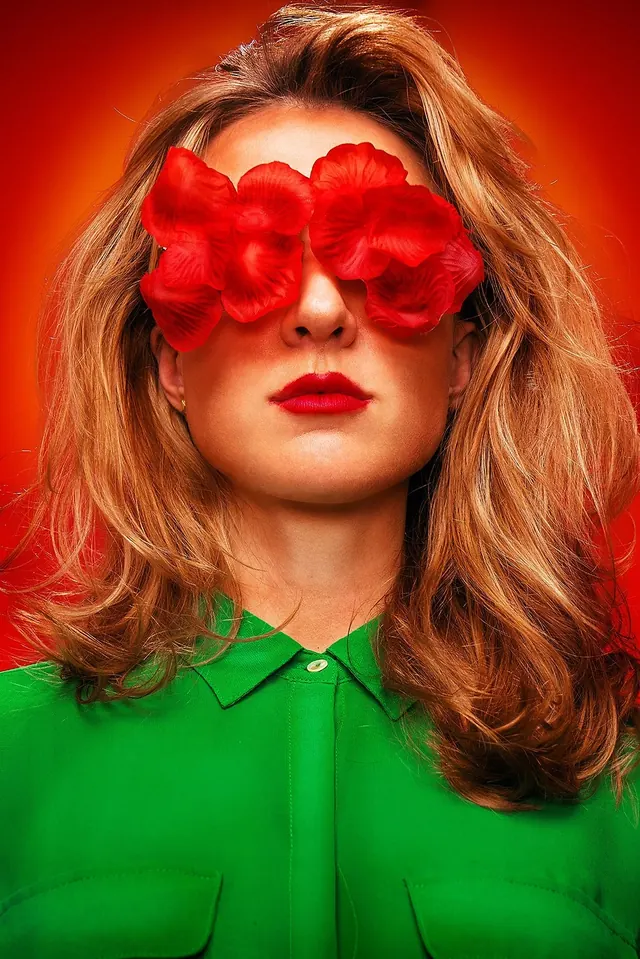 Woman with Red Sunglasses and Green Shirt, maximalist, photographic, vibrant