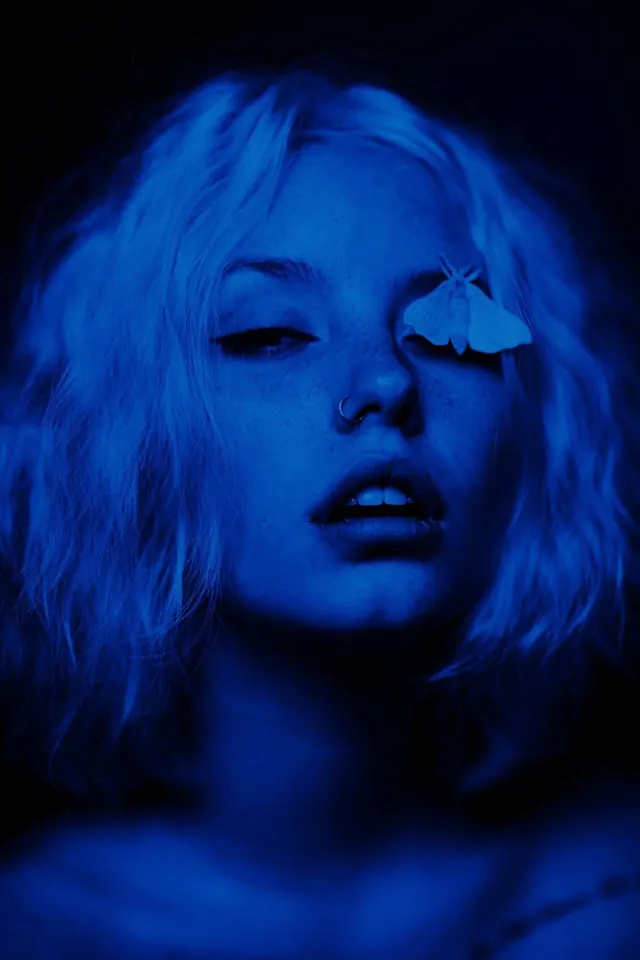 Blue Toned Portrait with Eye Patch, photographic, dark-mode, cool