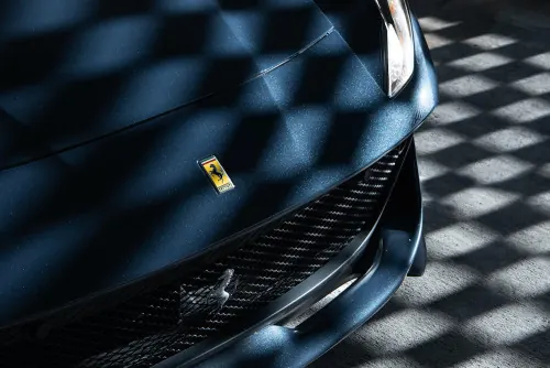 Blue Car Detail with Checkerboard Overlay, luxury, photographic, dark