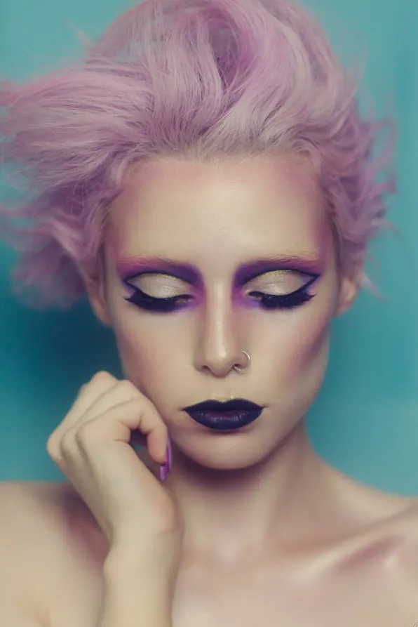 Woman with Pink Hair and Dark Makeup, photographic, maximalist, vibrant