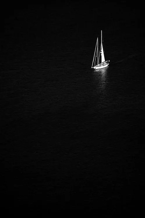 Sailboat on Dark Water, minimal, monochrome, dark
