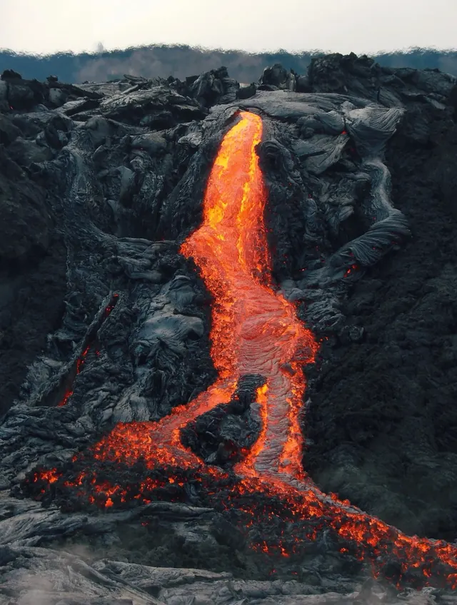 Lava Flow in Volcanic Rock, photographic, organic, dark