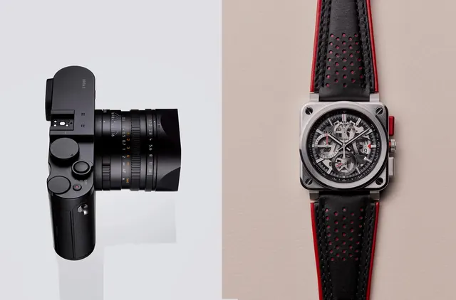 Camera Lens and Watch Product Comparison, minimal, photographic, high-contrast