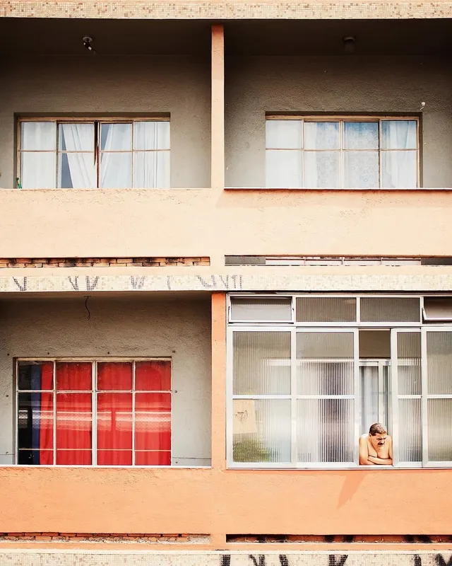 Modernist Architecture with Red Accents, minimal, geometric, high-contrast