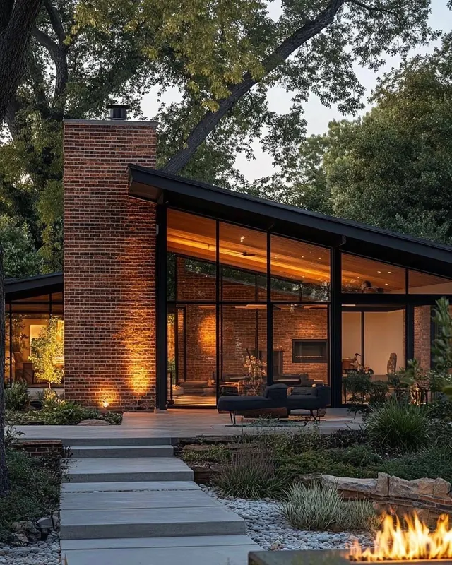 Modern Brick and Glass Architecture, photographic, minimal, warm