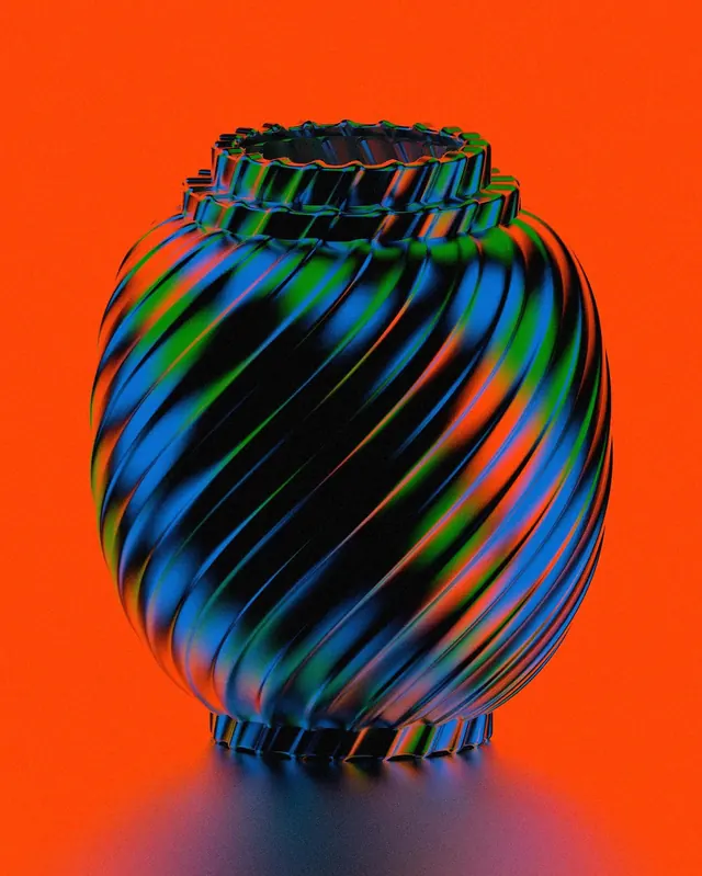 Abstract Spiral Glass Vessel, 3d-render, gradient-heavy, vibrant