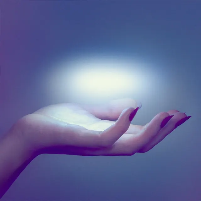 Glowing Light in Open Hands, organic, photographic, cool