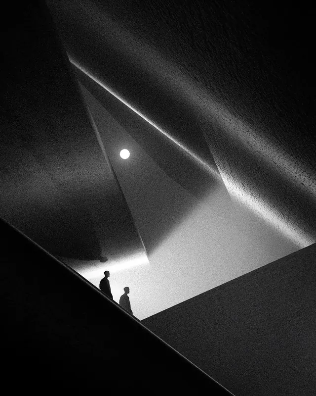 Silhouetted Figures in Light Beams, minimal, monochrome, monochrome