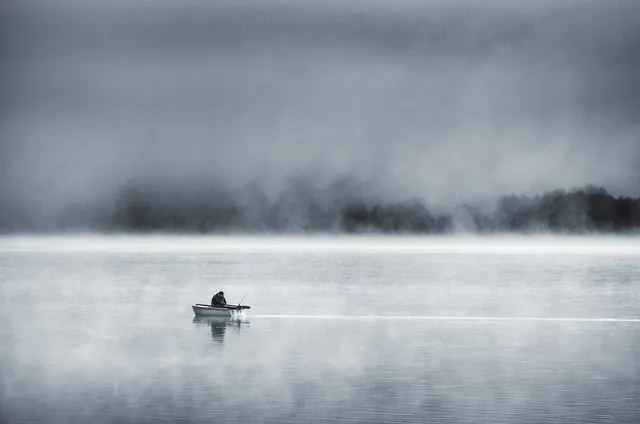 Foggy Lake Landscape, minimal, photographic, monochrome