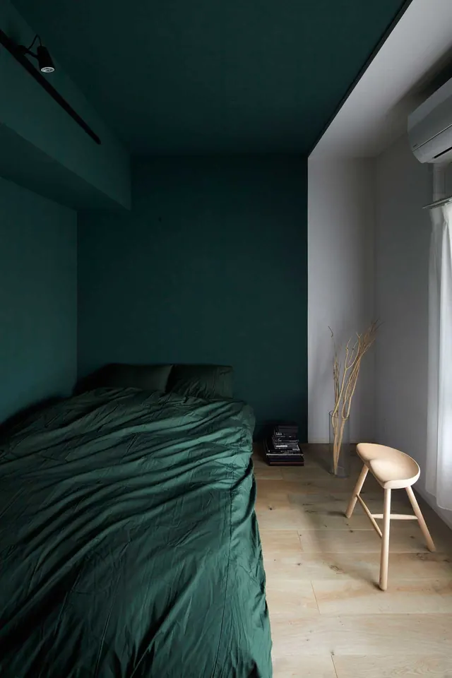 Minimalist Teal Bedroom Interior, minimal, photographic, dark