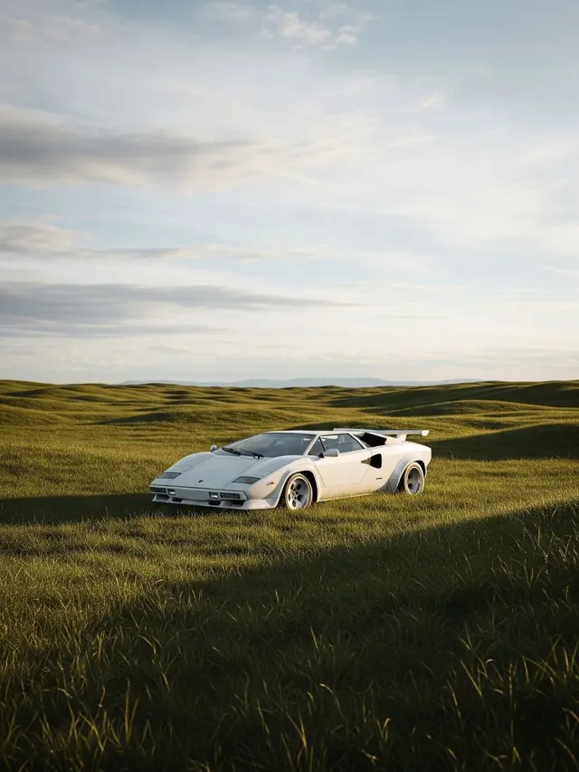 White Sports Car in Grassy Field, photographic, minimal, light