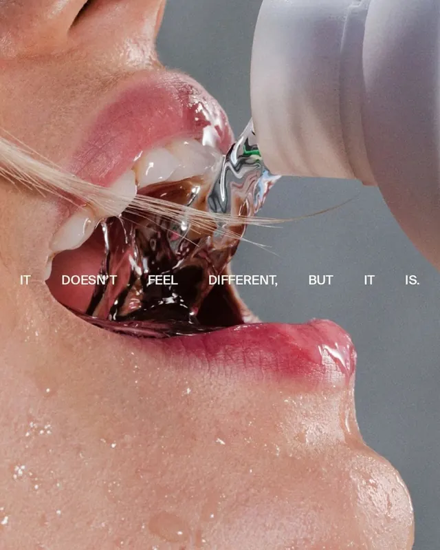 Close-up of Mouth with Text Overlay, photographic, brutalist, high-contrast