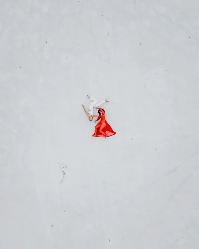 Minimalist Red Dress on White Background, minimal, photographic, high-contrast