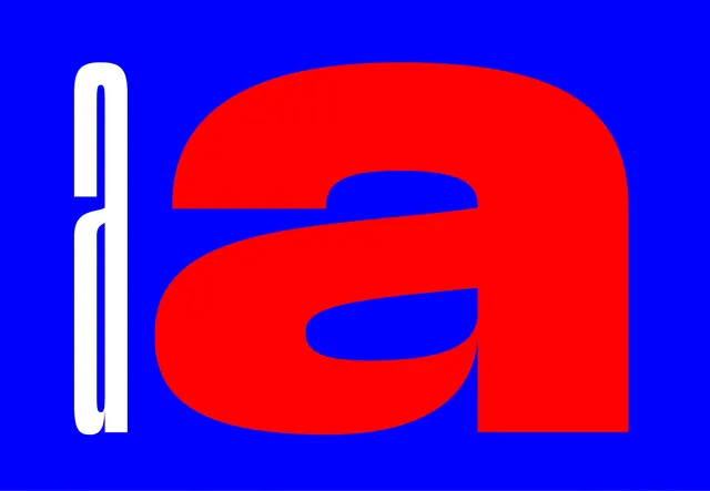 Red and White Lettering on Blue Background, minimal, geometric, vibrant