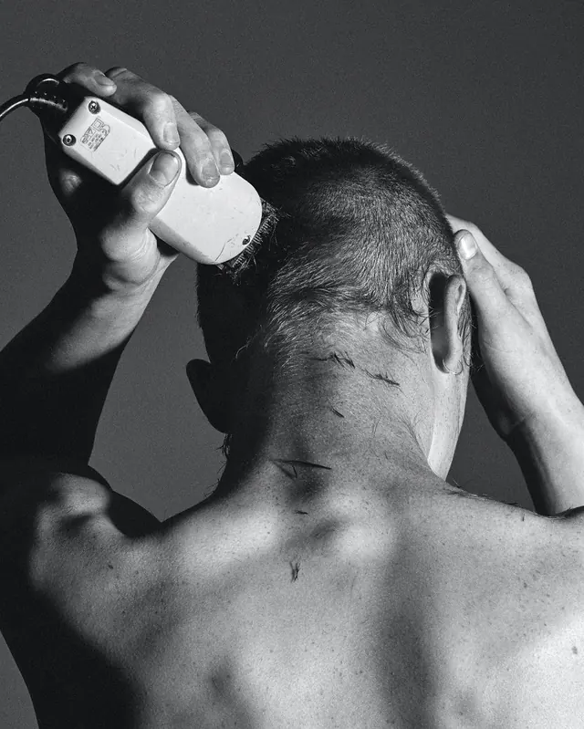 Man Using Hair Spray, monochrome, photographic, monochrome