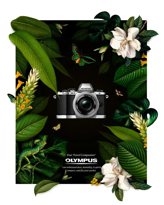 Tropical Camera Collage Poster, maximalist, organic, dark