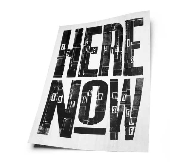 Here Now torn-paper typography poster, brutalist, neo-brutalist, monochrome