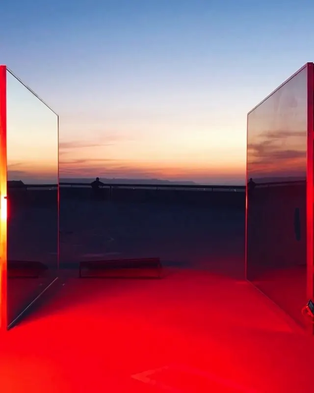 Red Interior View of Coastal Landscape, minimal, geometric, vibrant