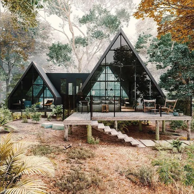 Modern A-Frame Cabin in Forest, organic, photographic, earthy