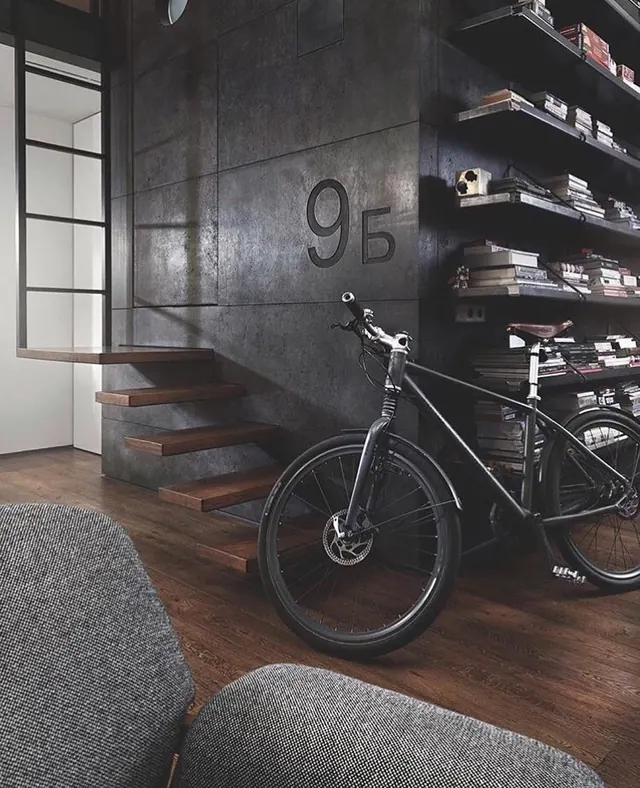 Industrial Interior with Bicycle, minimal, brutalist, dark