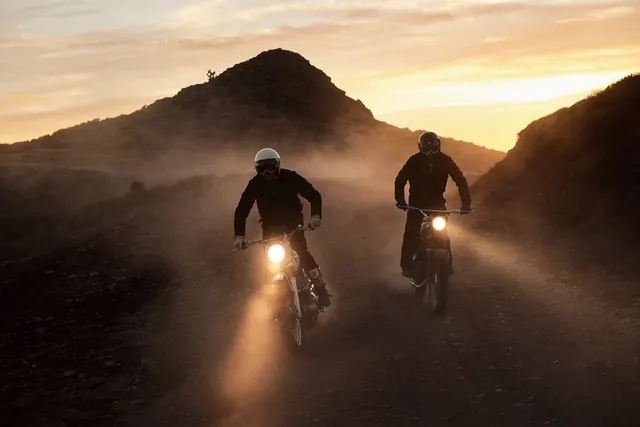 Motorcyclists in Desert Landscape, photographic, organic, warm