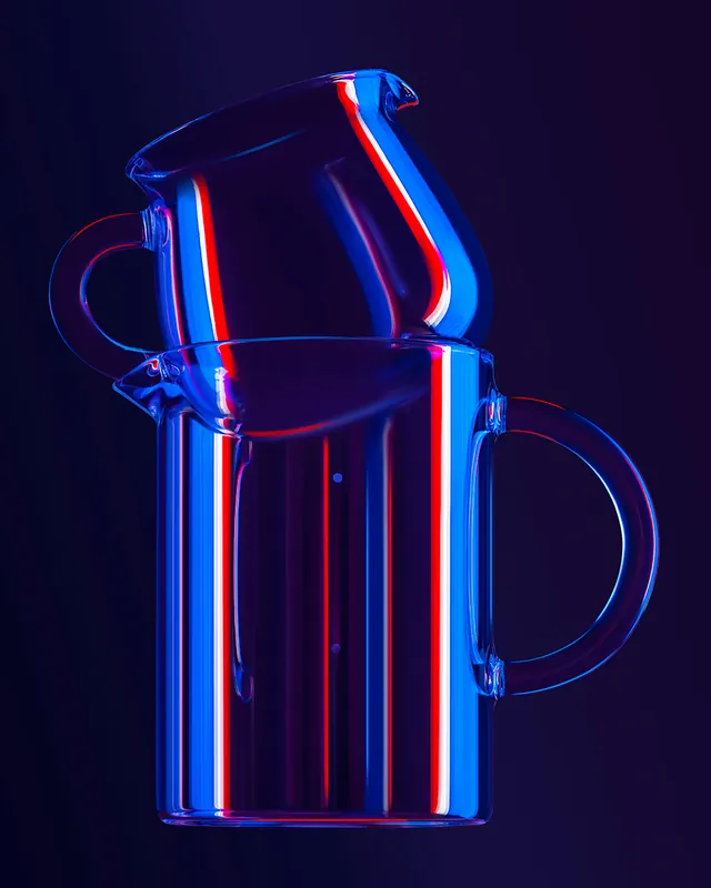 Neon Glass Pitcher and Mug, glassmorphism, dark-mode, dark