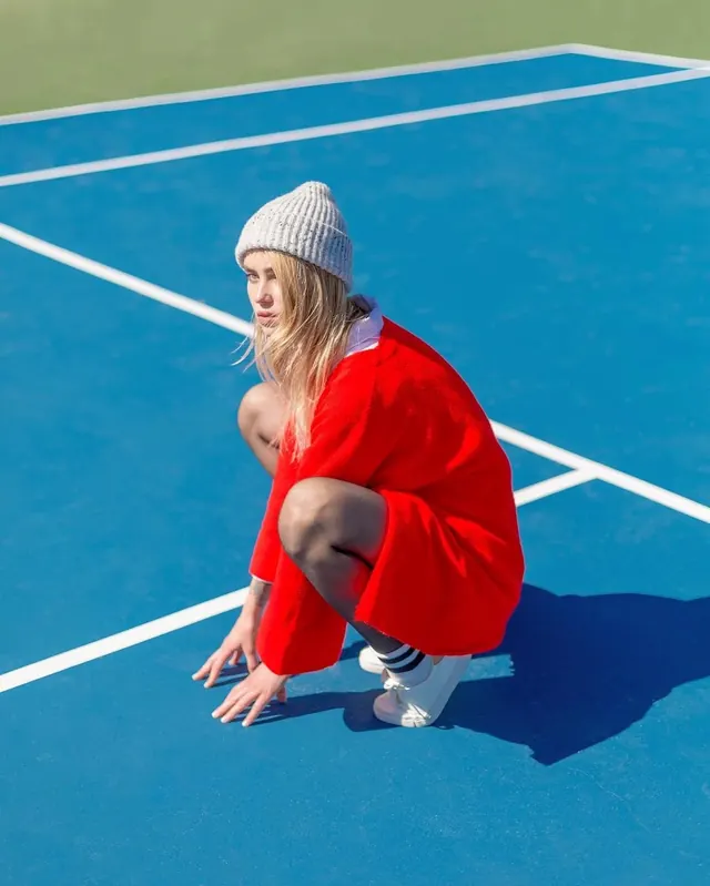 Woman in Red Dress on Blue Court, photographic, vibrant