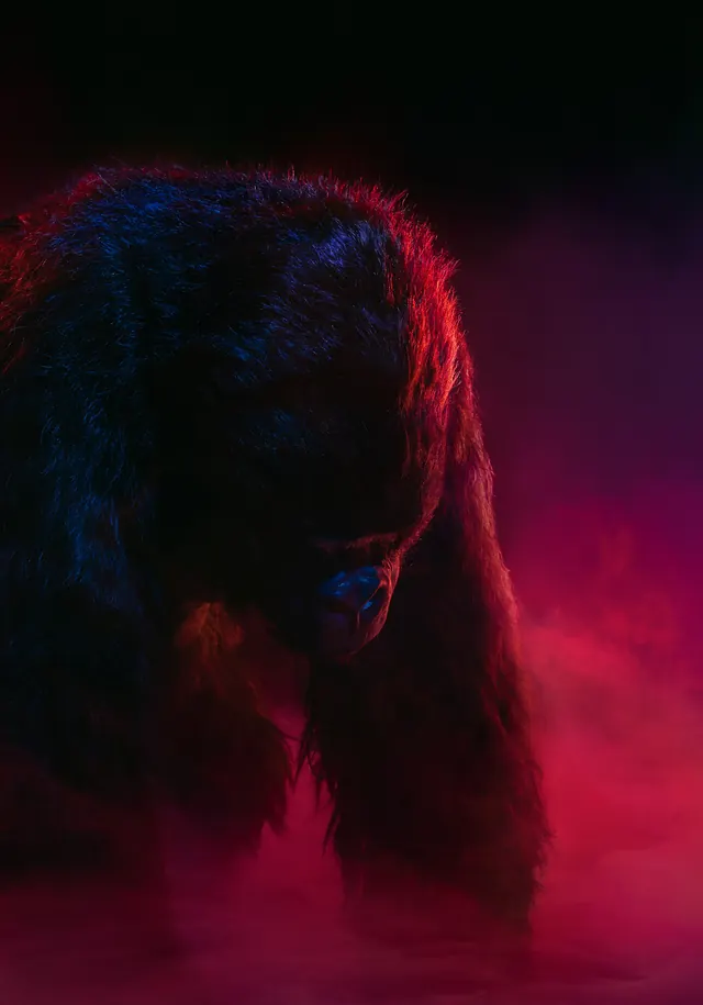 Bioluminescent Bear Portrait, dark-mode, photographic, dark