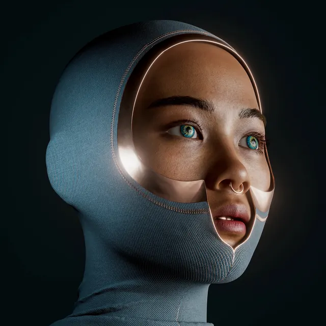 Futuristic Portrait with Cybernetic Mask, luxury, 3d-render, dark
