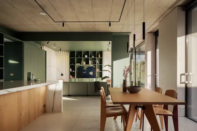 Modern Industrial Interior Design, minimal, photographic, warm