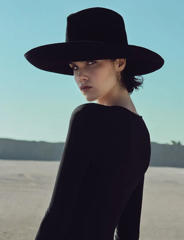 Woman in Wide-Brimmed Hat, luxury, photographic, monochrome