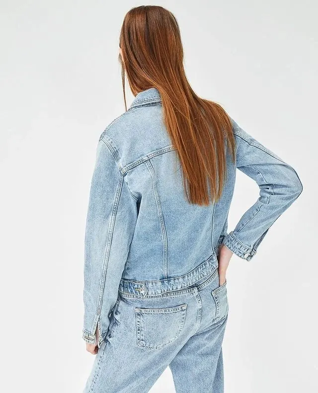 Woman in Denim Jacket, photographic, minimal, light