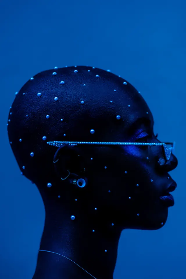 Cybernetic Portrait with Data Overlay, dark-mode, technical, dark