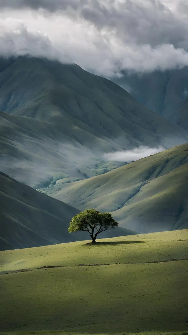 Lone Tree in Mountain Landscape, photographic, organic, muted