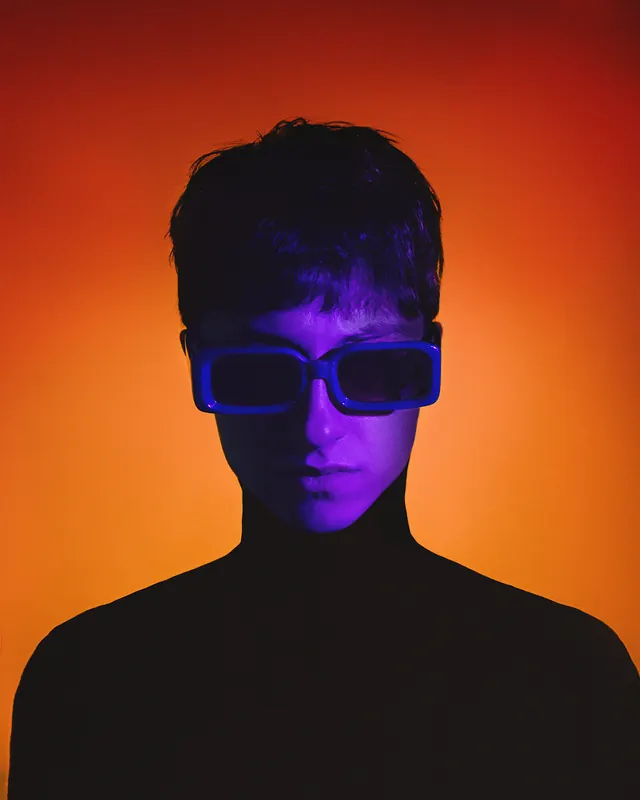 Cyberpunk Portrait with Neon Glasses, brutalist, y2k, vibrant
