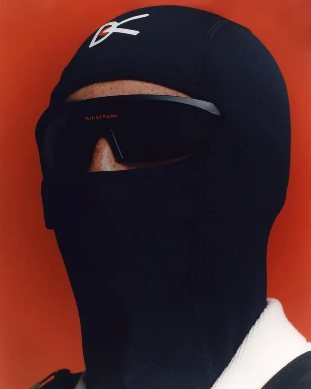 Black Balaclava with Logo, dark-mode, photographic, dark