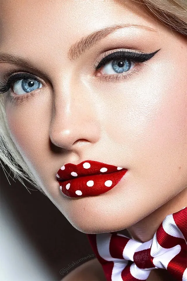 Stylized Portrait with Polka Dot Lips, luxury, photographic, vibrant