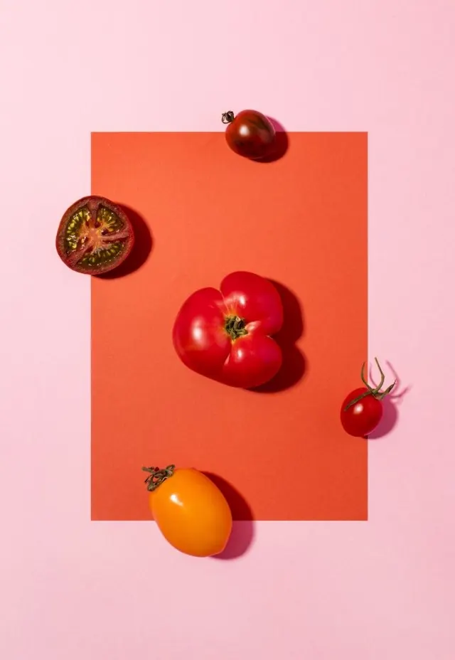 Tomato Composition on Orange Background, minimal, photographic, vibrant