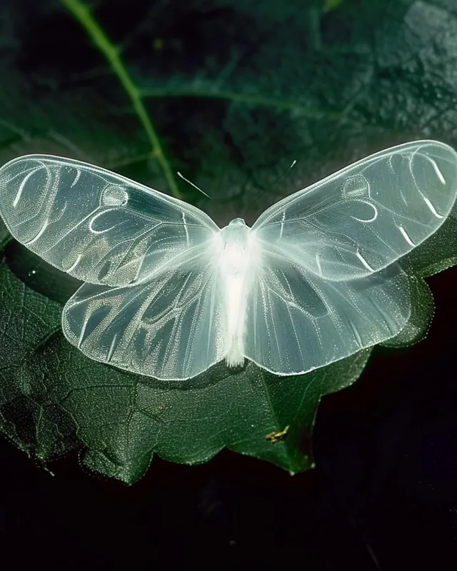 Translucent Butterfly on Leaf, photographic, organic, dark