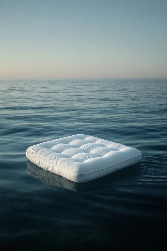 Floating White Mattress on Water, minimal, 3d-render, cool
