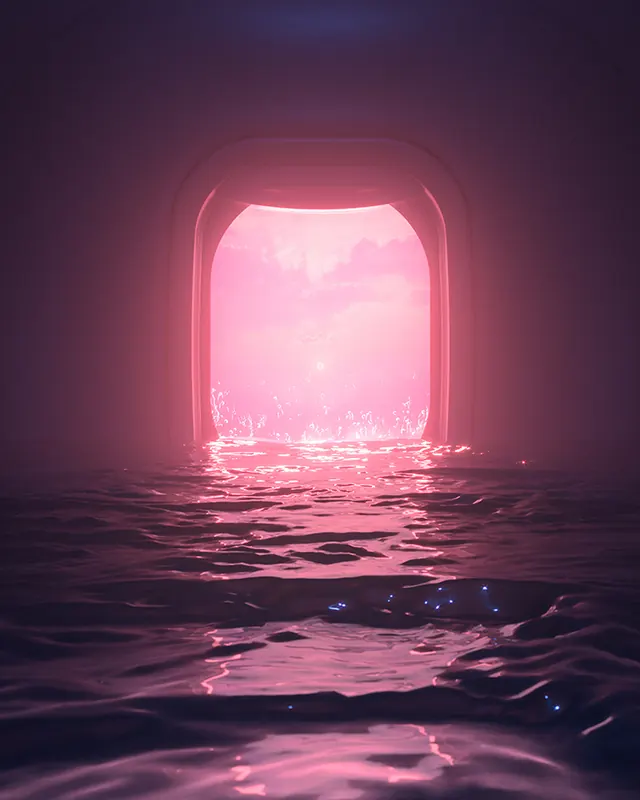 Glowing Portal over Water, 3d-render, gradient-heavy, vibrant