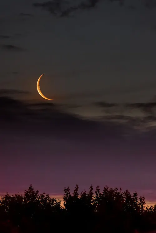 Crescent Moon Over Cityscape, photographic, minimal, dark