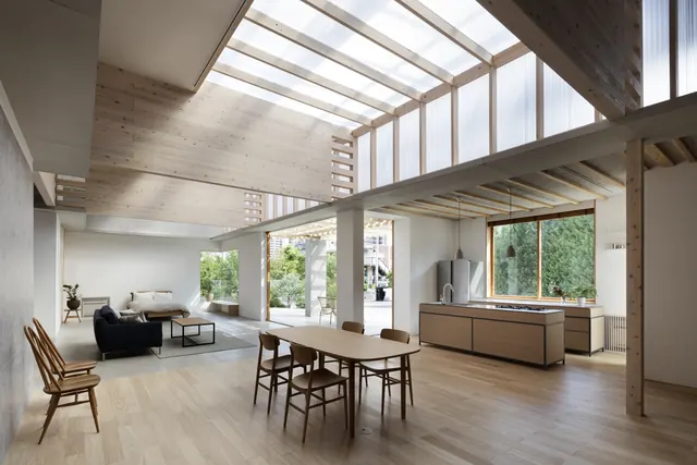 Modern Industrial Loft Office Interior, minimal, photographic, warm