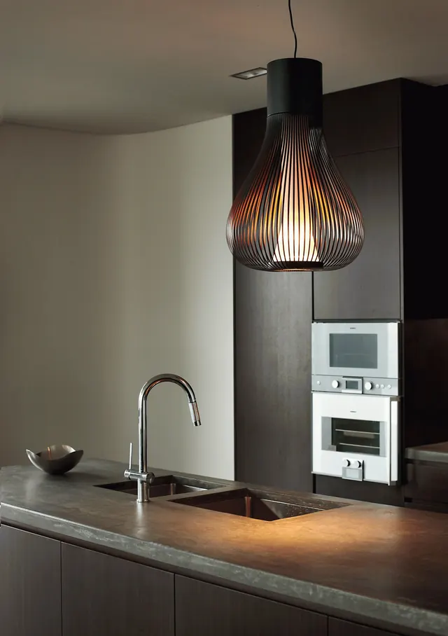 Modern Kitchen Interior with Pendant Light, minimal, photographic, dark