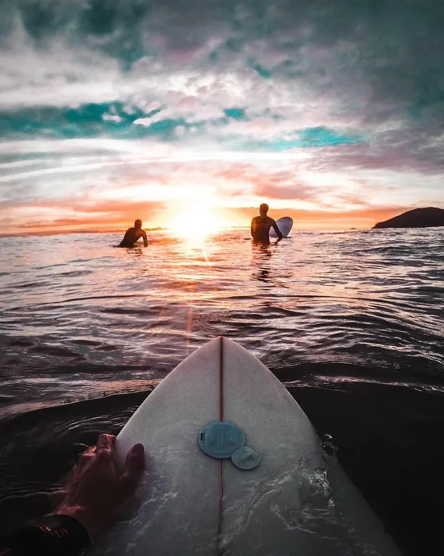 Surfer in Sunset Ocean, photographic, organic, warm